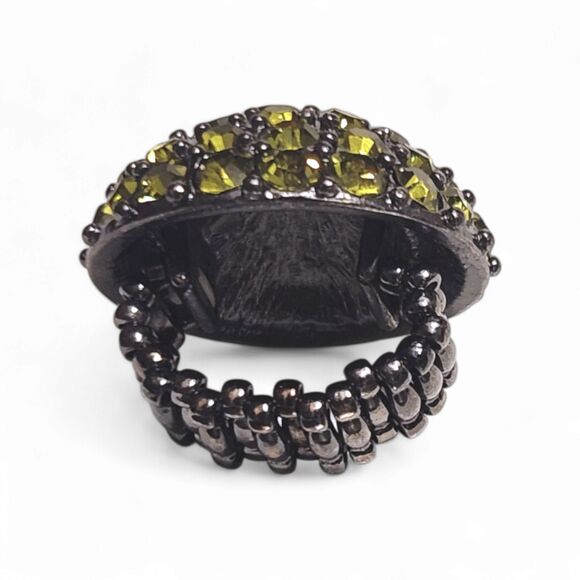 Vintage Citron Green Dome Stretch Ring, Metallic Graphite Black Stretch Band - Picture 4 of 5